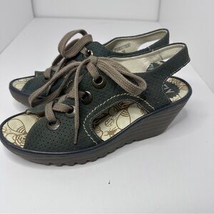 Fly London Ylva Perforated Leather Open Toe Lace-up Wedge Sandals, EU 38,